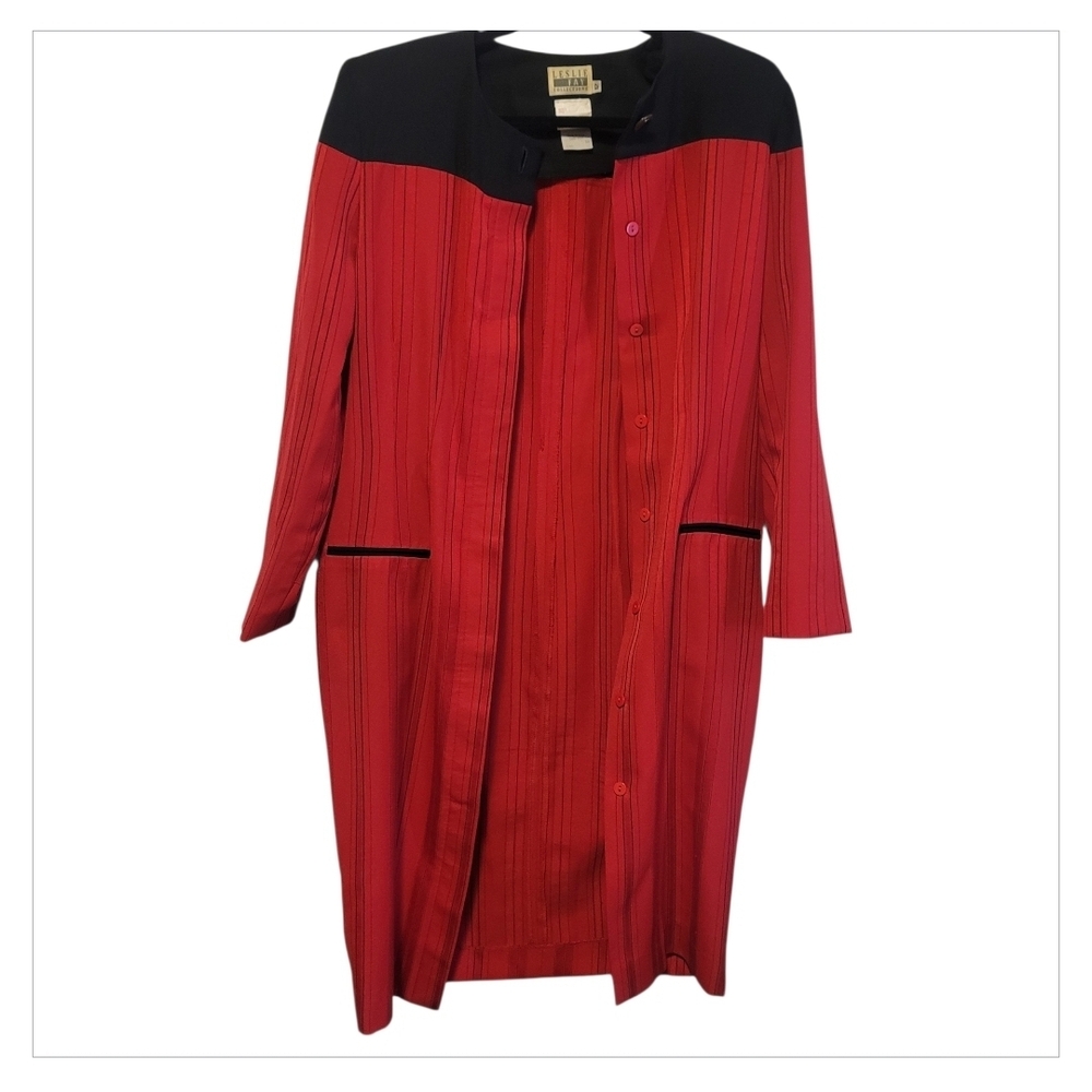 Vintage Leslie Fay Red & Black Pinstripe Dress Coat 12 USA - Picture 4 of 8